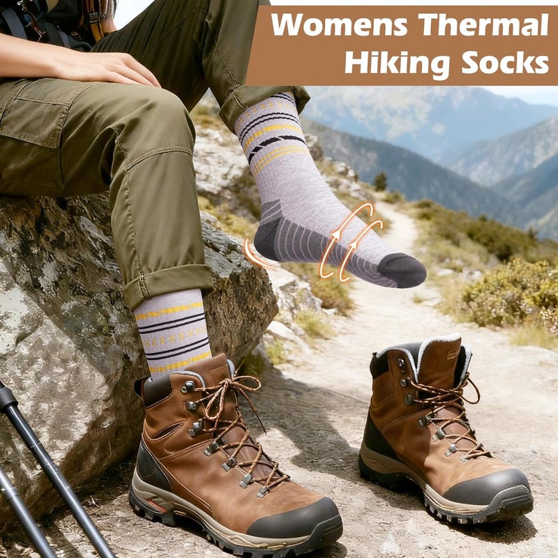 SEEKSOCK Store 5 Pairs Womens Merino Wool Hiking Socks Winter Warm Crew Moisture Wicking Thick Cushioned Striped Boot Socks - Image 4